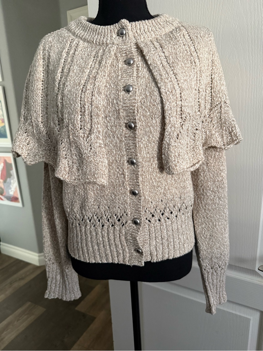Free People Beige Ruffle Cape Button-Up Cardigan NWT Medium